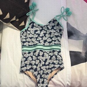 Blue and White Floral One Piece Swimsuit with Mint Accents